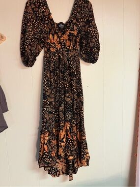 Angie Black Midi Dress with Burnt Orange Floral Print